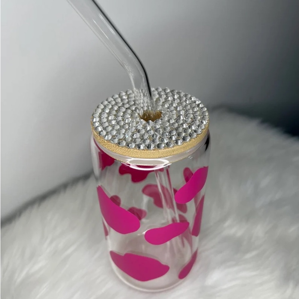 Pink and Gold Glass Tumbler with Straw